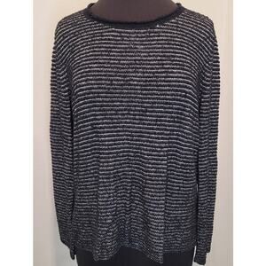 Eileen Fisher Black White Striped Open Knit Nubby Sweater Hi-Low Hem M